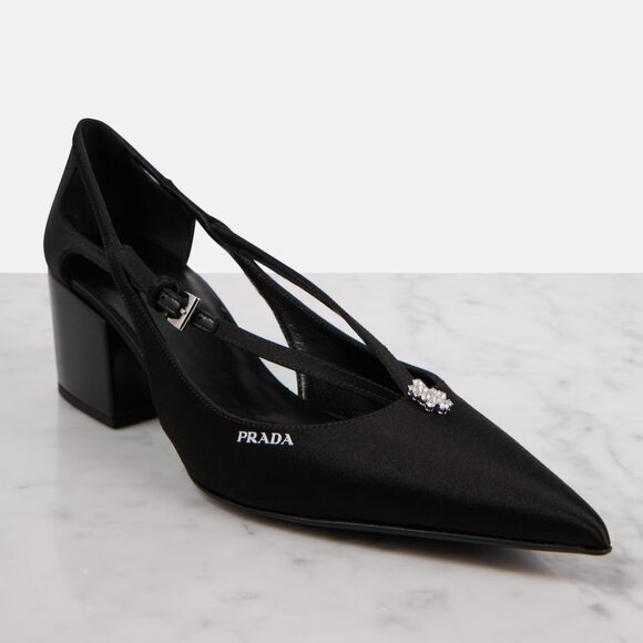 PRADA Pointed Toe Cutout Cut Out Block Heel Crystal Satin Leather Pumps - Picture 1 of 16